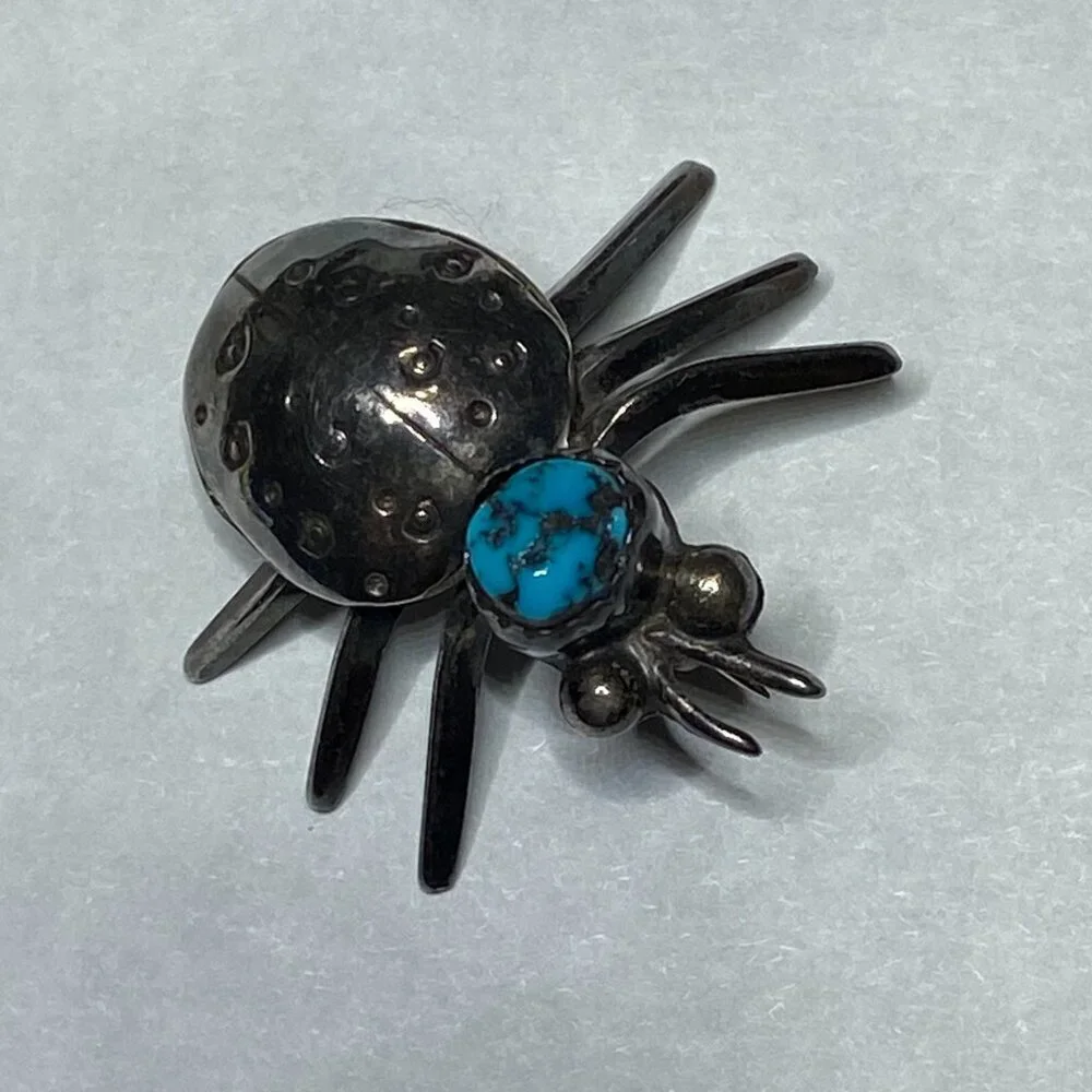 VINTAGE Native Southwest Sterling Silver Turquoise Ladybug Insect Brooch Pin EUC